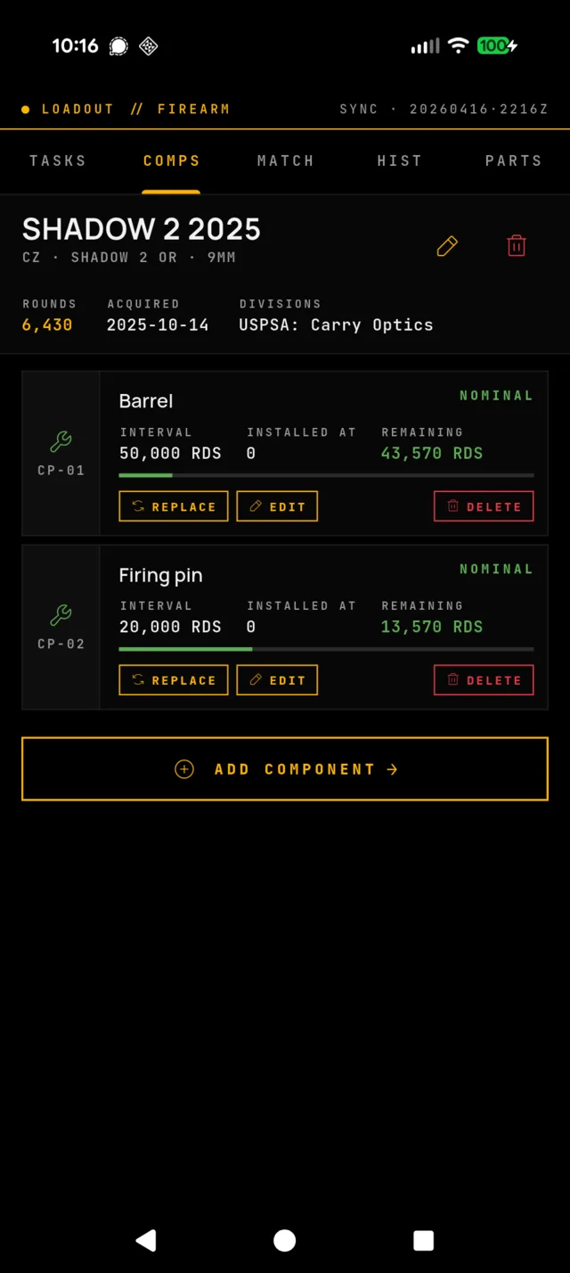 Components screen